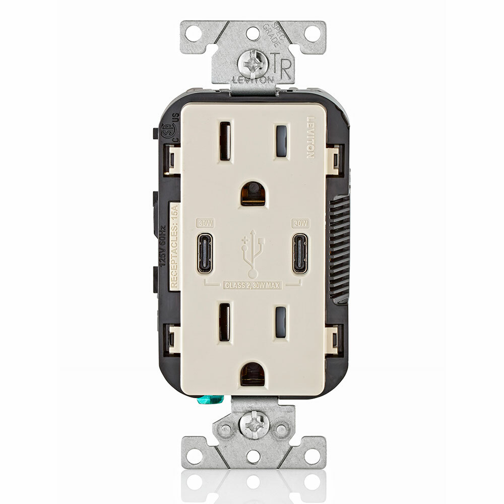 15 Amp, 125 Volt, Decora Tamper-Resistant Outlet. NEMA 5-15R, 30W (6 Amps), Dual Type-C/C Power Delivery USB Chargers, Grounding, Side Wired  - Back Wired - Light Almond