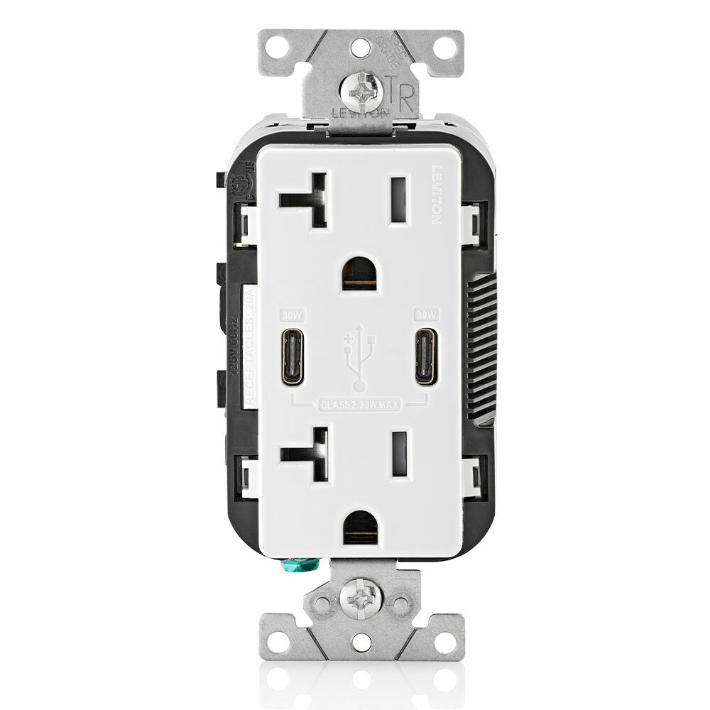 20 Amp, 125 Volt, Decora Tamper-Resistant Outlet. NEMA 5-20R, 30W (6 Amps), Dual Type-C/C Power Delivery USB Chargers, Grounding, Side Wired  - Back Wired - White