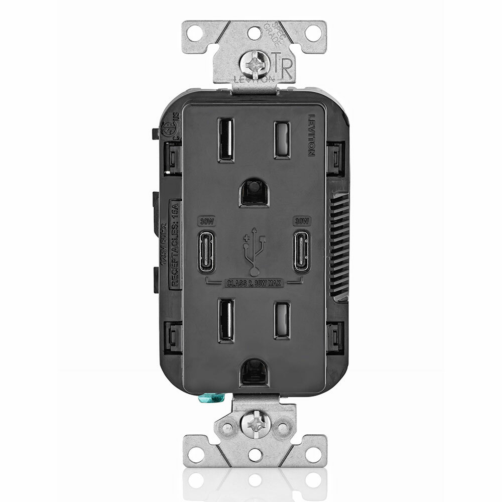 15 Amp, 125 Volt, Decora Tamper-Resistant Outlet. NEMA 5-15R, 30W (6 Amps), Dual Type-C/C Power Delivery USB Chargers, Grounding, Side Wired  - Back Wired - Black