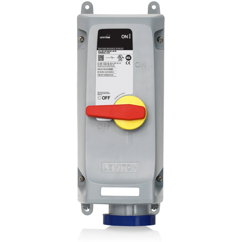 60 Amp, 120/208 Volt 3-Phase, 4P, 5W, LEV Series North American-Rated IEC 60309-1 &, 60309-2 Pin &, Sleeve Mechanical Interlock, Industrial Grade, IP66/IP67/IP68/IP69/IP69K, Watertight, Non-Fused - Blue