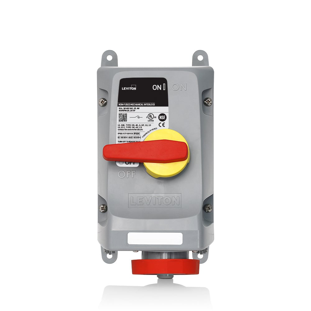 30 Amp, 480 Volt 3-Phase, 3P, 4W, LEV Series North American-Rated IEC 60309-1 & 60309-2 Pin & Sleeve Mechanical Interlock, Industrial Grade, IP66/IP67/IP68/IP69/IP69K, Watertight, Non-Fused - Red