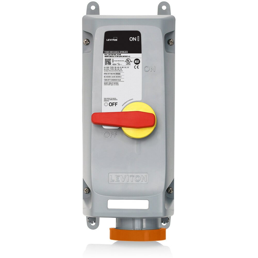 60 Amp, 125/250 Volt, 3P, 4W, LEV Series North American-Rated IEC 60309-1 & 60309-2 Pin & Sleeve Mechanical Interlock, Industrial Grade, IP66/IP67/IP68/IP69/IP69K, Watertight, Fused - Orange
