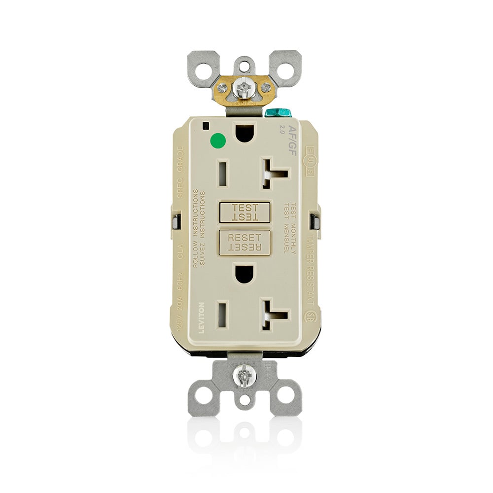HOSPITAL GRADE AFCI/SELF-TEST GFCI TAMPER RESISTANT RECEPTACLE. NEMA 5-20R 20A-125VAC   RECEPTACLE  20A-125VAC FEED THROUGH  LIGHTED, COF IVORY, W/IVORY TEST AND RESET BUTTON. WITH MOUNTING SCREWS, WASHERS, INSTRUCTION SHEETS AND SELF-GROUND CLIP