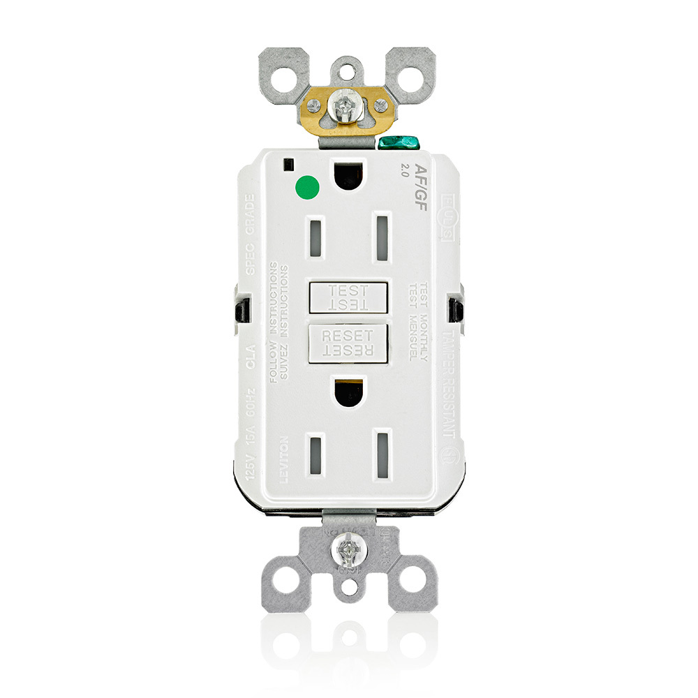 HOSPITAL GRADE AFCI/SELF-TEST GFCI TAMPER RESISTANT RECEPTACLE. NEMA 5-15R 15A-125VAC @ RECEPTACLE  20A-125VAC FEED THROUGH  LIGHTED, COF WHITE, W/WHITE TEST AND RESET BUTTON. WITH MOUNTING SCREWS, WASHERS, INSTRUCTION SHEETS, AND SELF-GROUND CLIP PKD