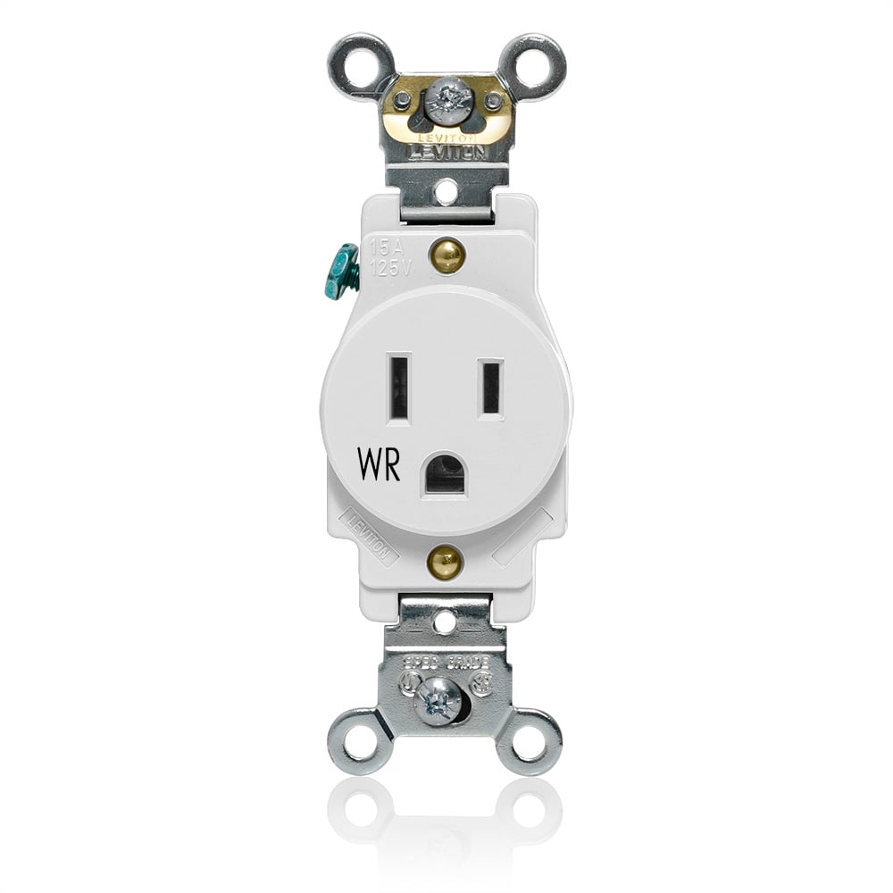 Single Receptacle Outlet, Heavy-Duty Industrial Specification Grade, Weather-Resistant, Smooth Face, 15 Amp, 125 Volt, Back or Side Wire, NEMA 5-15R, 2-Pole, 3-Wire, Self-Grounding - White