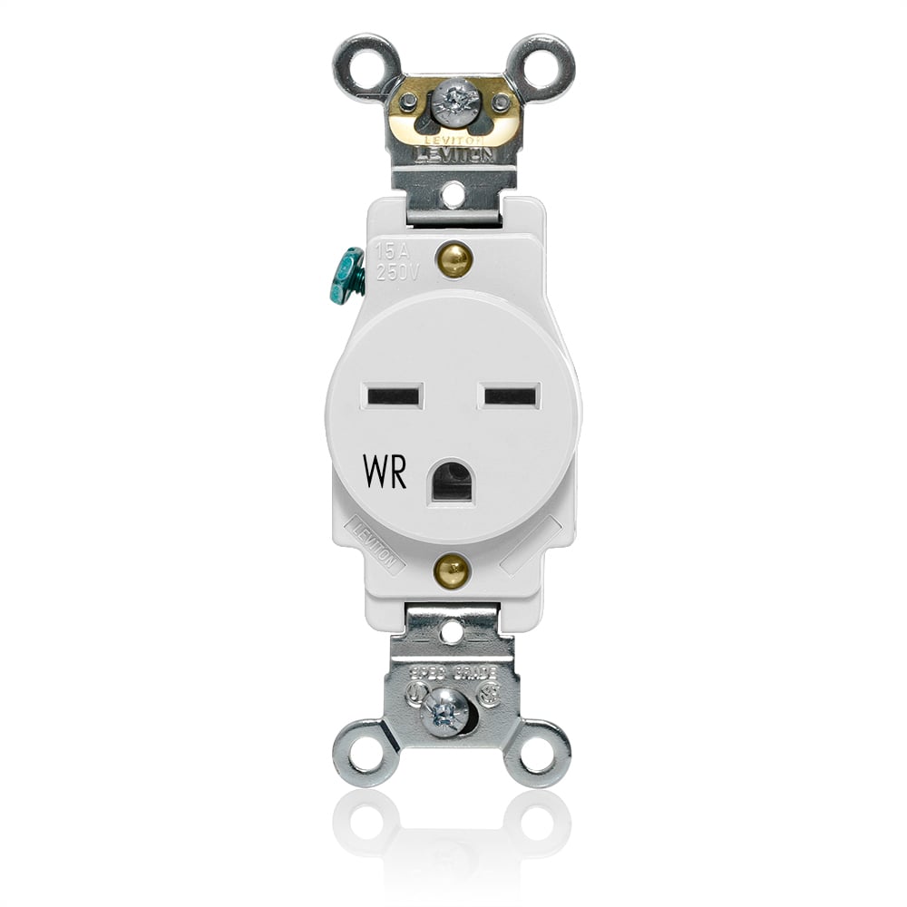 W5661-W Heavy Duty Single Self-Grounding Smooth Face Weather-Resistant Receptacle Outlet, 250 V AC, 15 A, 2 Poles, 3 Wires, White