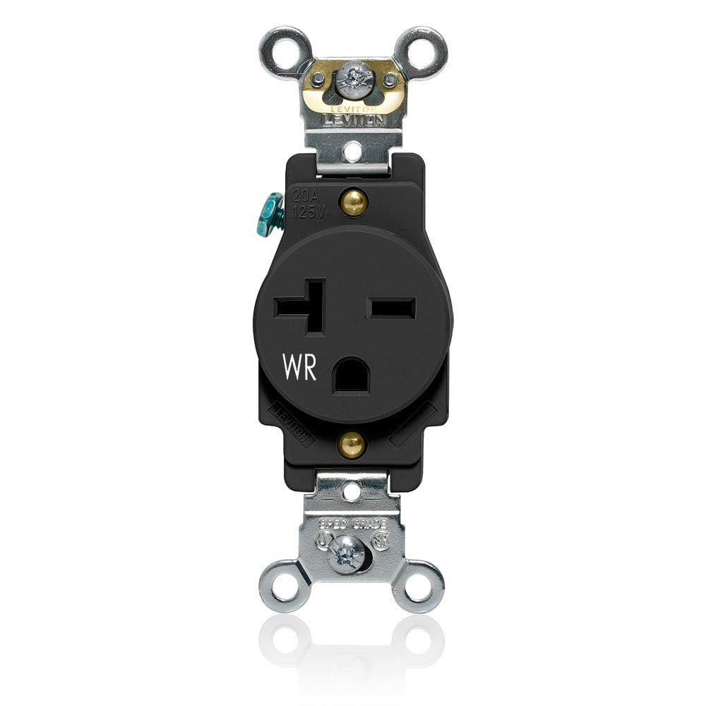 Single Receptacle Outlet, Heavy-Duty Industrial Specification Grade, Weather-Resistant, Smooth Face, 20 Amp, 250 Volt, Back or Side Wire, NEMA 6-20R, 2-Pole, 3-Wire, Self-Grounding - Black