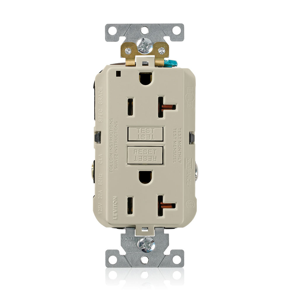 SmartlockPro Self-Test GFCI Duplex Receptacle Outlet, Extra Heavy-Duty Industrial Specification Grade, 20 Amp125 Volt, Back or Side Wire, NEMA 5-20R, 2-Pole, 3-Wire, Self-Grounding - Ivory