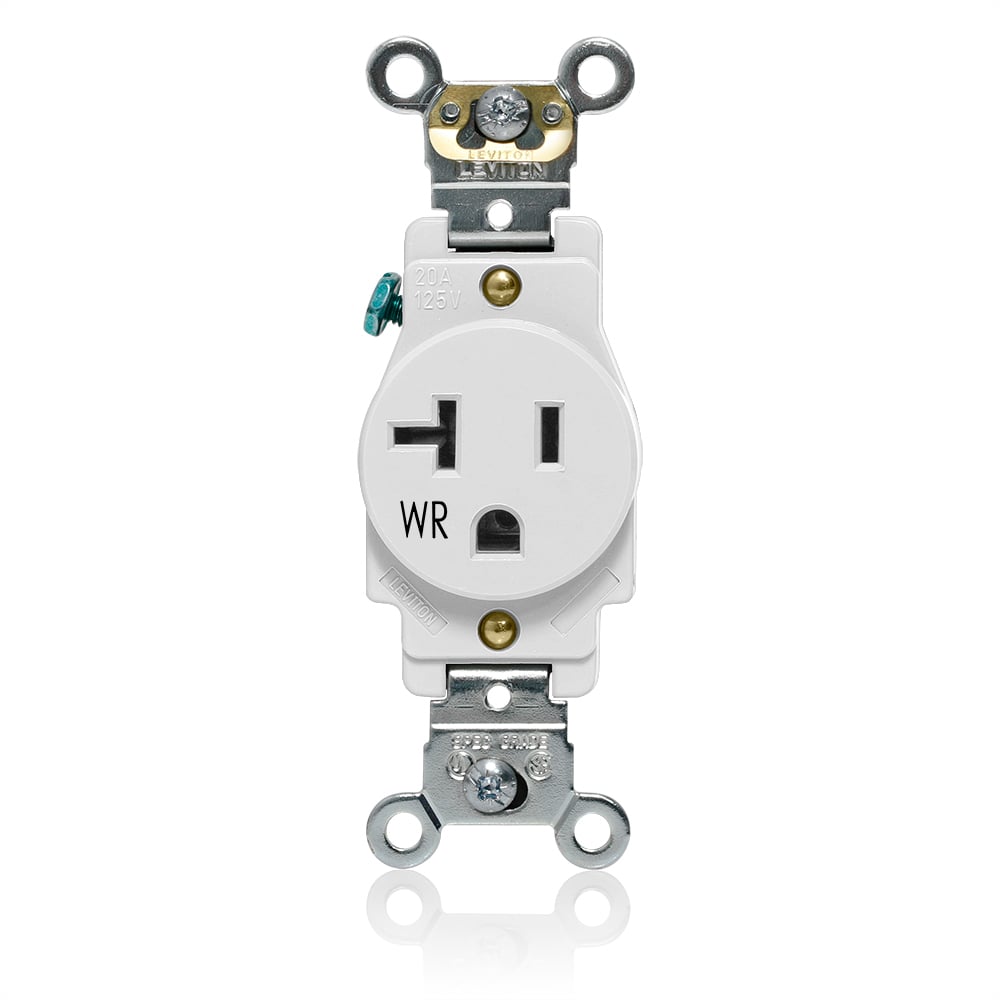 Single Receptacle Outlet, Heavy-Duty Industrial Specification Grade, Weather-Resistant, Smooth Face, 20 Amp, 125 Volt, Back or Side Wire, NEMA 5-20R, 2-Pole, 3-Wire, Self-Grounding - White