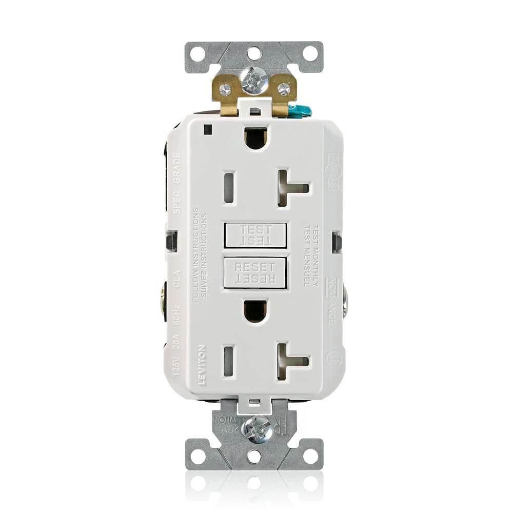 SmartlockPro Self-Test Tamper-Resistant GFCI Duplex Receptacle Outlet, Extra Heavy-Duty Industrial Specification Grade, 20 Amp, 125 Volt, Back or Side Wire, NEMA 5-20R, 2-Pole, 3-Wire, Self-Grounding - White