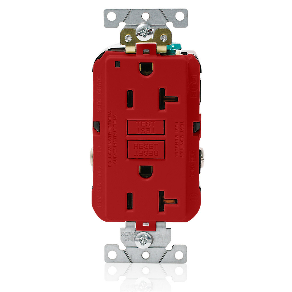 SmartlockPro Self-Test GFCI Duplex Receptacle Outlet, Extra Heavy-Duty Industrial Specification Grade, 20 Amp125 Volt, Back or Side Wire, NEMA 5-20R, 2-Pole, 3-Wire, Self-Grounding - Red
