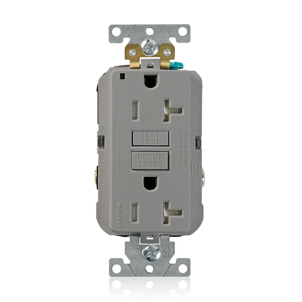 SmartlockPro Self-Test Tamper-Resistant GFCI Duplex Receptacle Outlet, Extra Heavy-Duty Industrial Specification Grade, 20 Amp, 125 Volt, Back or Side Wire, NEMA 5-20R, 2-Pole, 3-Wire, Self-Grounding - Gray