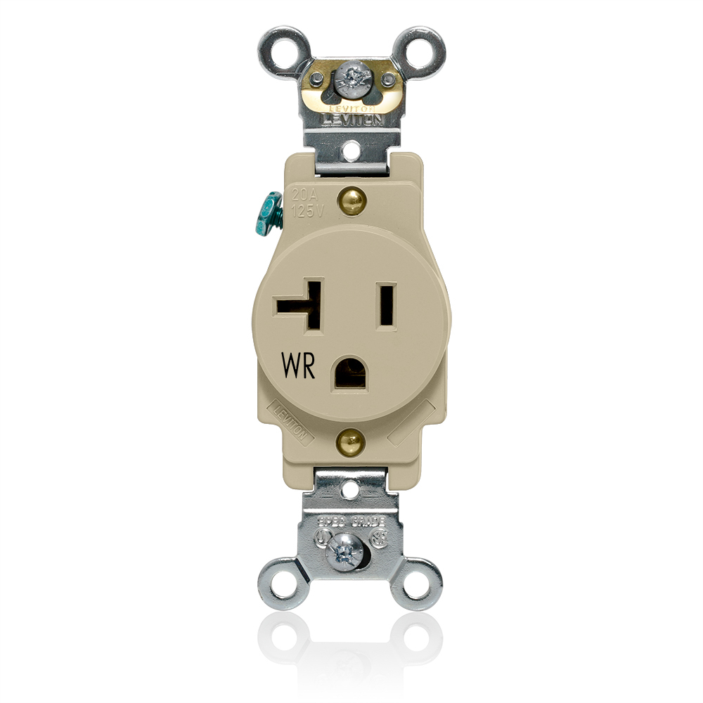 Single Receptacle Outlet, Heavy-Duty Industrial Specification Grade, Weather-Resistant, Smooth Face, 20 Amp, 125 Volt, Back or Side Wire, NEMA 5-20R, 2-Pole, 3-Wire, Self-Grounding - Ivory