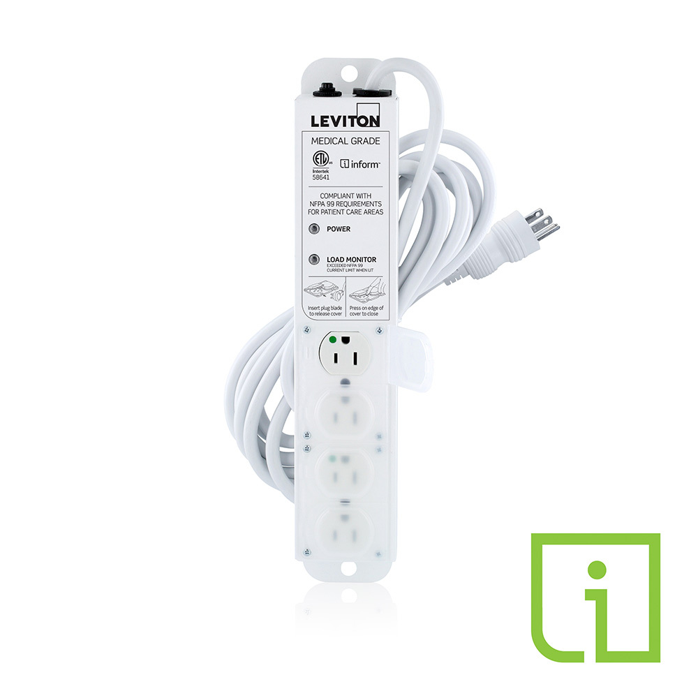 CURRENT MONITORING MEDICAL GRADE POWER STRIP, NON-SURGE 15A - 125VAC (12A max continuous load) WITH 4 NEMA 5-15R OUTLETS WITH LOCKING COVERS 15-FT POWER CORD WITH STANDARD HG NEMA 5-15P PLUG, ETL CERTIFIED TO UL 60601-1,