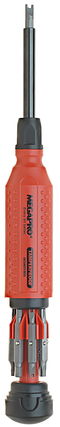 Megapro, Screwdriver Set, Hex Pin-1/8 IN, 9/64 IN, 5/32 IN, 3/16 IN, Spanner-#6, #8, #10, #12, Star Pin-T10, T15, T20, T25, T27, T30 tip size, Hex Pin, Spanner, Star Pin tip type, Black/Red handle color, 1/4 in. blade width, Hex shank shape, Bulk Packed