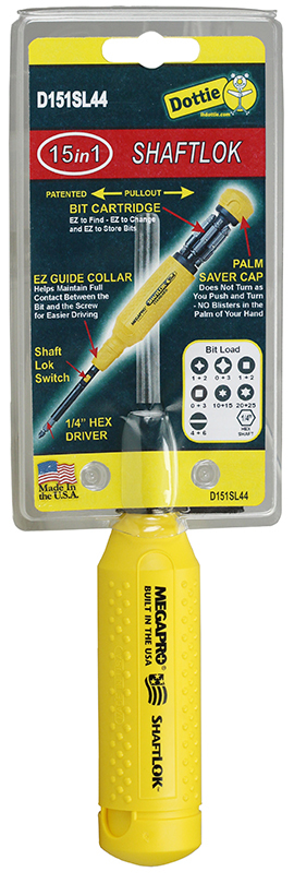 Megapro, Screwdriver Set, Phillips-#0, #1, #2, #3, Square-#0, #1, #2, #3, Slotted-#4, #6, Star-T10, T15, T20, T25 tip size, Phillips, Square, Slotted, Star tip type, Yellow/Yellow handle color, 1/4 in. blade width, Hex shank shape