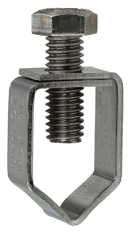 Universal Ground Rod Clamp, 10 SOL to 1/0 STR conductor size, Stainless Steel material, 3/8, 1/2, 5/8, 3/4 in. rod size