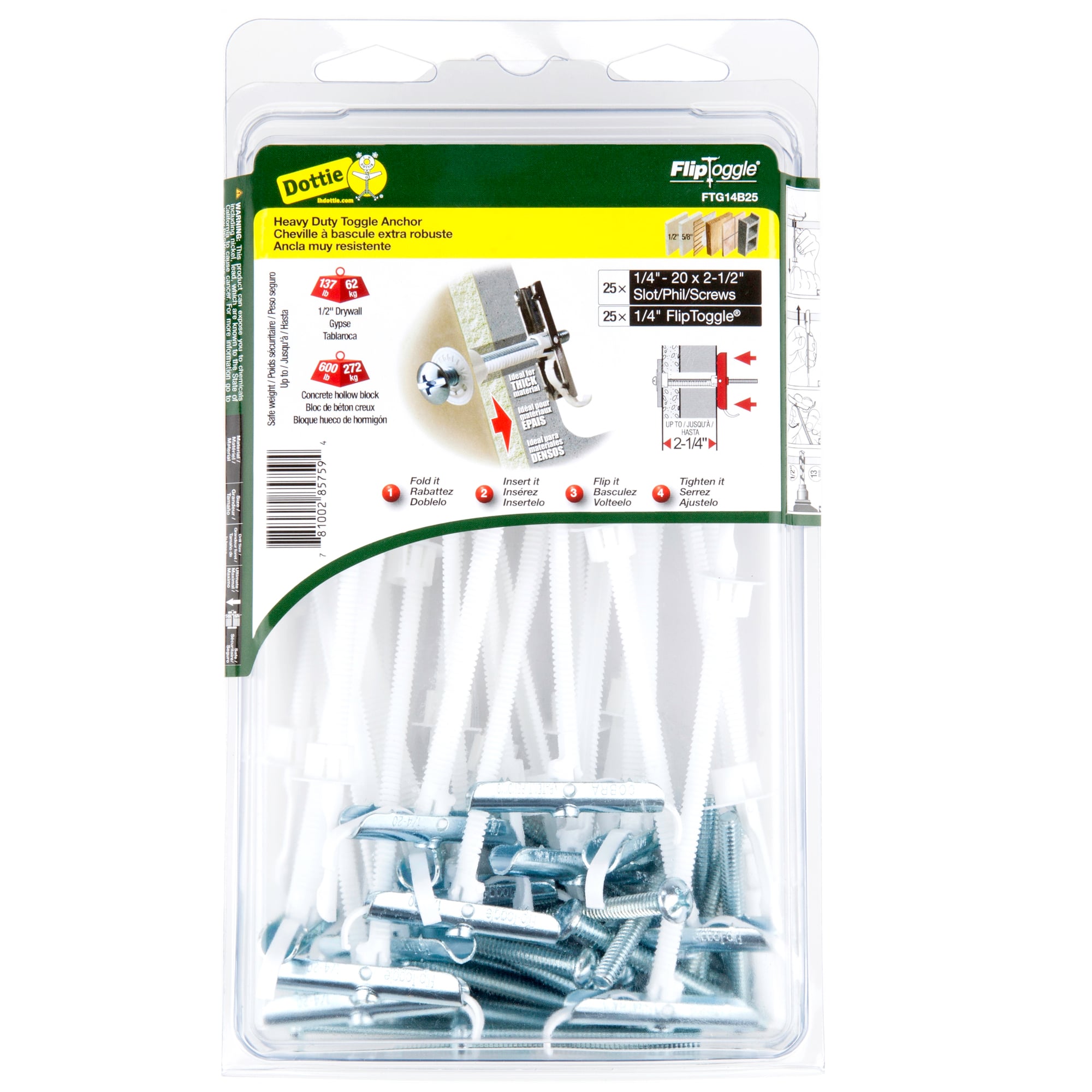 FTG14B25 Flip Toggle Kit, 1/4 in Dia Anchor, 1/4-20 x 2-1/2 in Screw, 1/2 in Dia Hole, 25 Pieces, Metal/Nylon