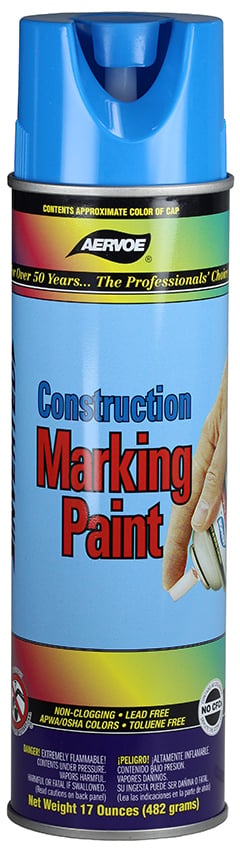 Fluorescent blue construction marking paint, 20 oz inverted aerosol can, Flammable, 30 minute dry time