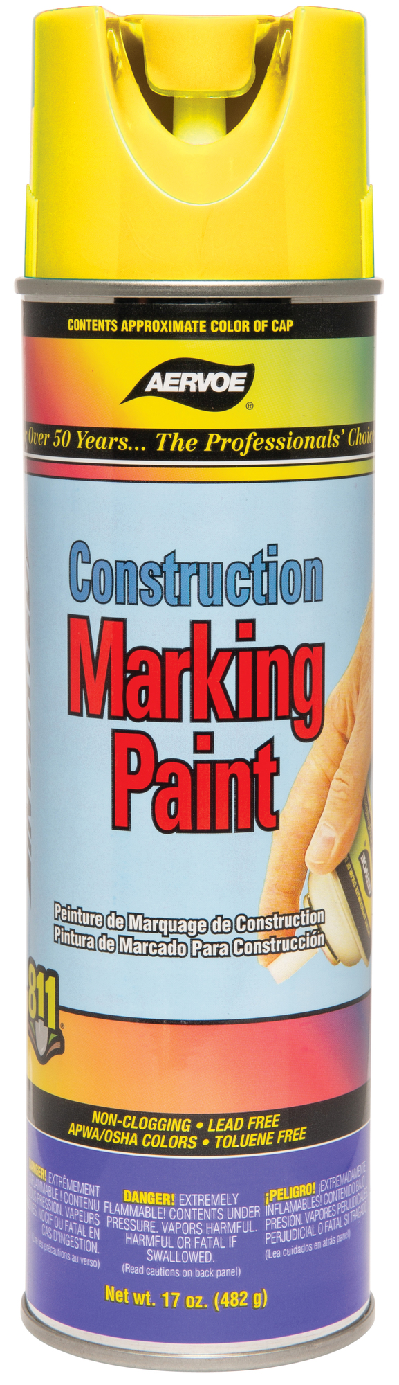 Yellow construction marking paint, 20 oz inverted aerosol can, Flammable, 30 minute dry time