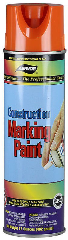 Orange construction marking paint, 20 oz inverted aerosol can, Flammable, 30 minute dry time