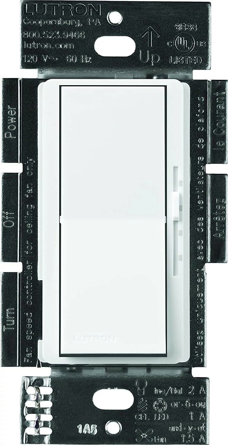 Lutron Diva 3-Speed Fan Control and Light Switch, Single-Pole/3-Way, 1.5A Fan/1A LED, Clamshell Packaging, White