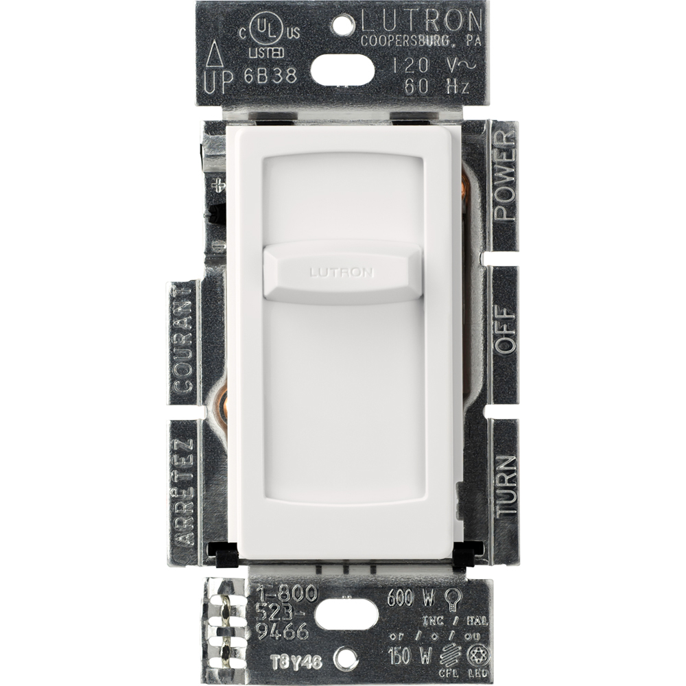 Skylark Contour slide-to-off Dimmer, CFL/LED (screw-base), Incandescent/Halogen, single-pole, 150W CFL/LED or 600W inc/hal in white, clamshell packaging