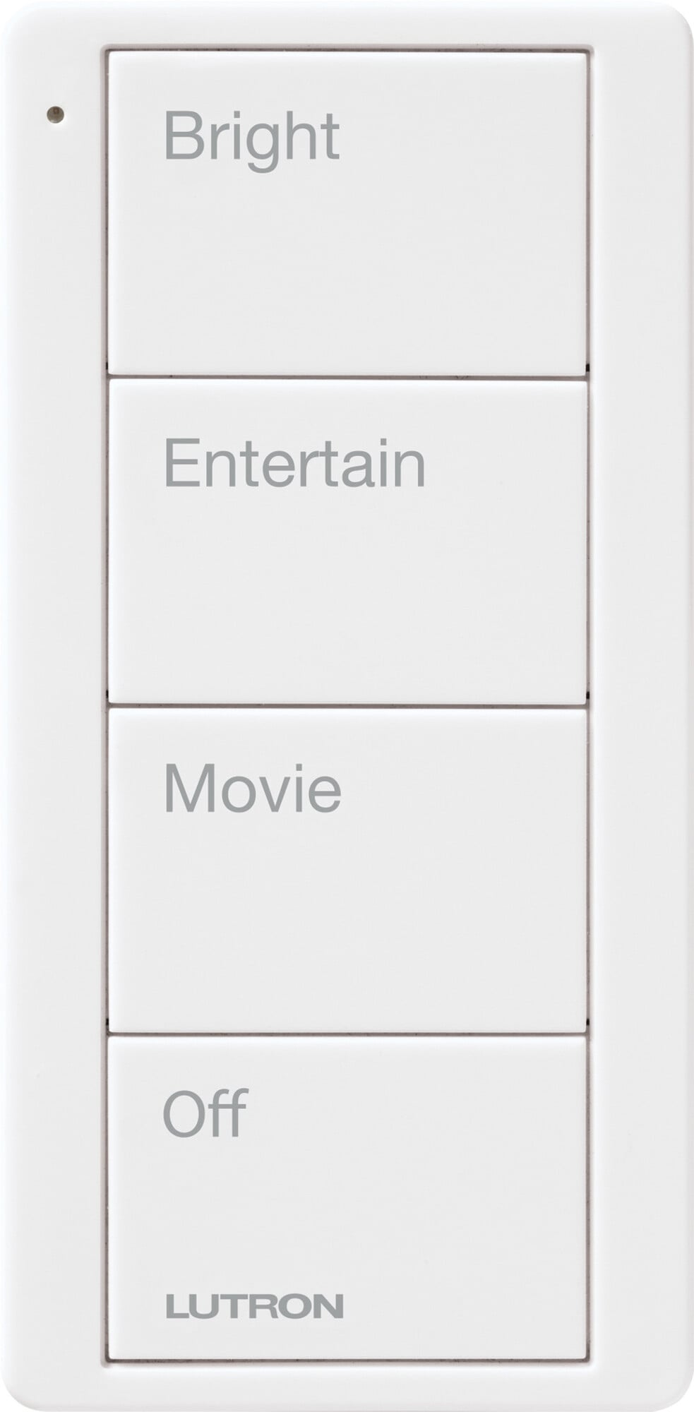 Pico Wireless Control, 4-button, 434 MHz, scene control of lights, family room engraving, in white