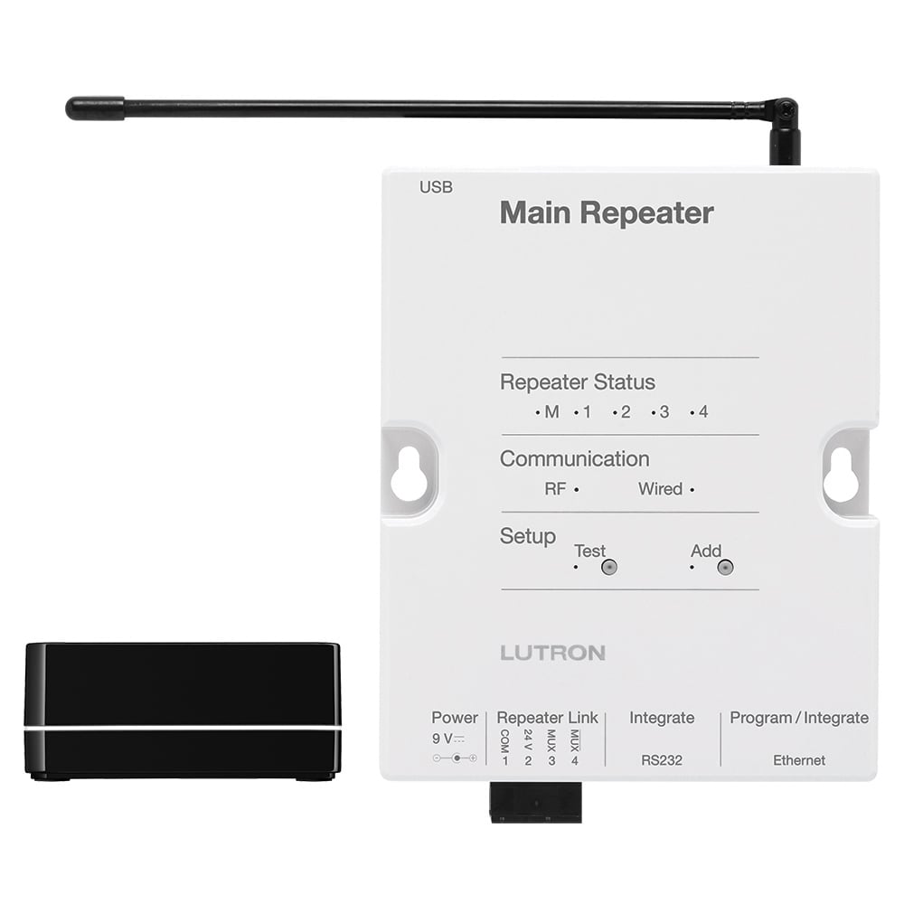 Package containing a RadioRA2 120 V main repeater with astronomic timeclock, RS232 and ethernet ports, and a Lutron Connect Bridge which creates a link between the Lutron system and the Lutron cloud, enabling remote access
