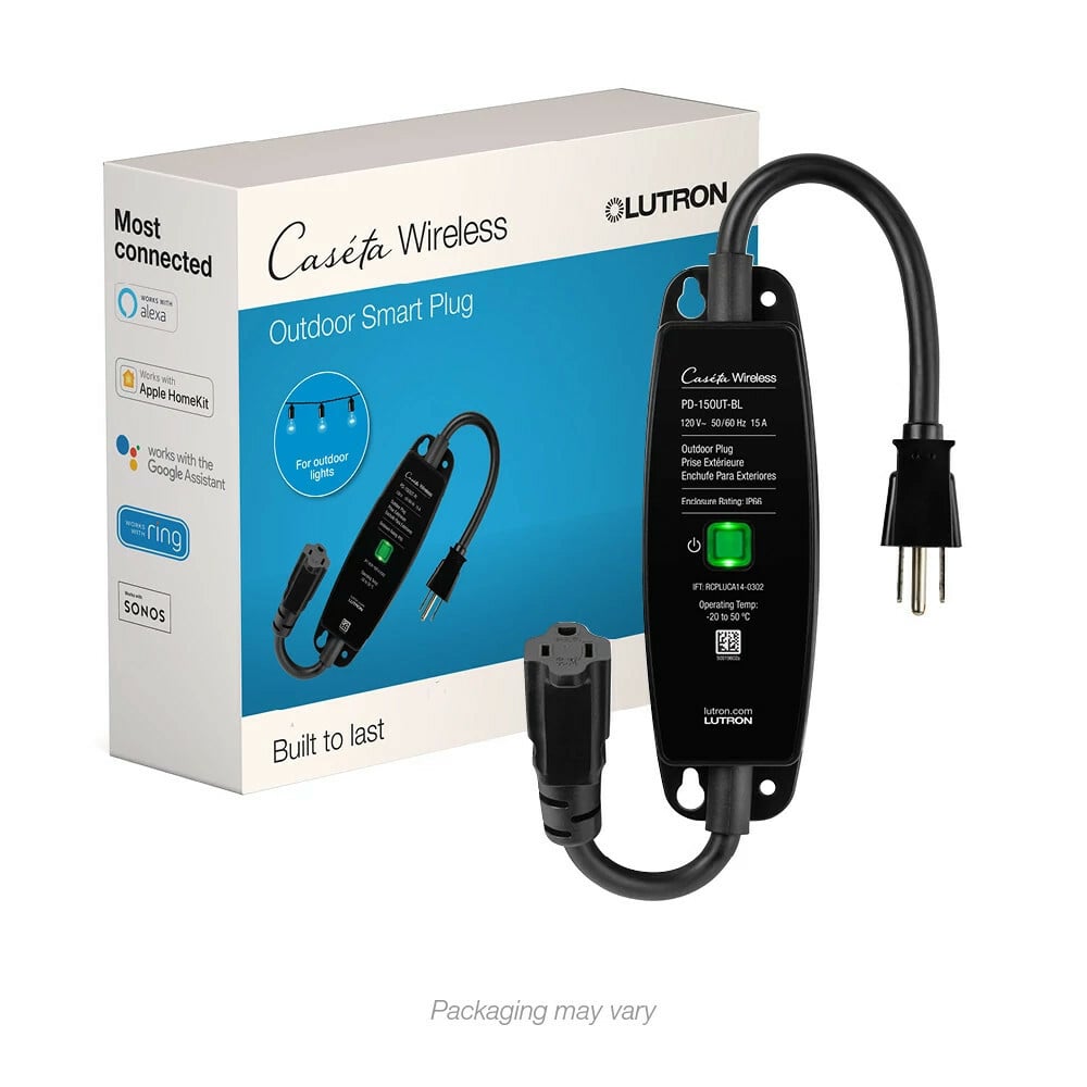 Lutron Caseta Weatherproof+ Outdoor Smart Plug On/Off Switch, Works with Alexa, Google Assistant, Apple HomeKit, for Landscape and String Lighting, Black