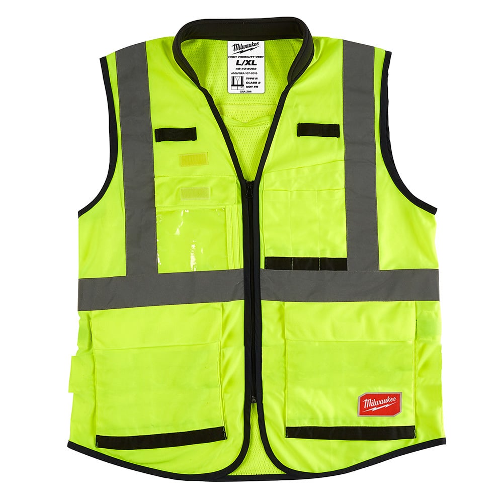48-73-5081 Performance Safety Vest, S/M, Hi-Viz Yellow, Polyester, Hook and Loop/Zipper Closure, 15 Pockets, ANSI Class: Class 2, ANSI/ISEA 107-15 Type R