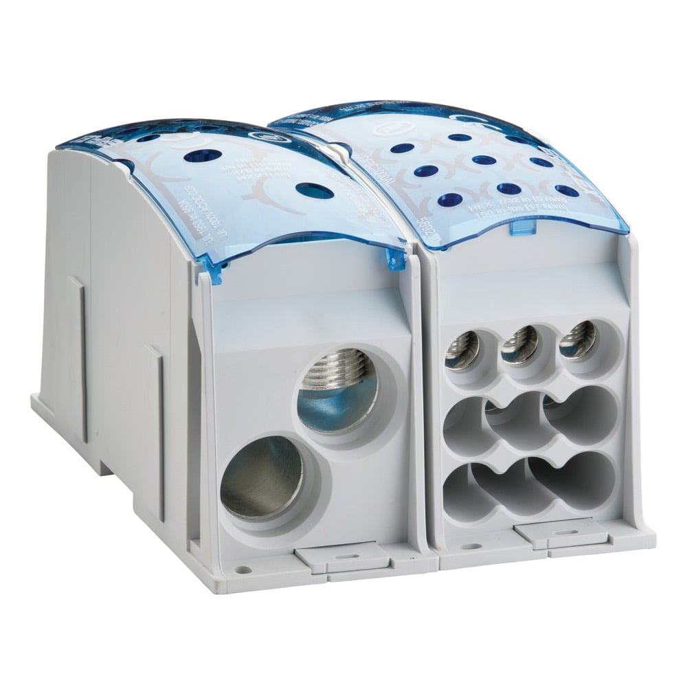 Single Pole Dist. Block, 950 A UL/CSA, 2 Cables Line, 9 Cables Load, Aluminum