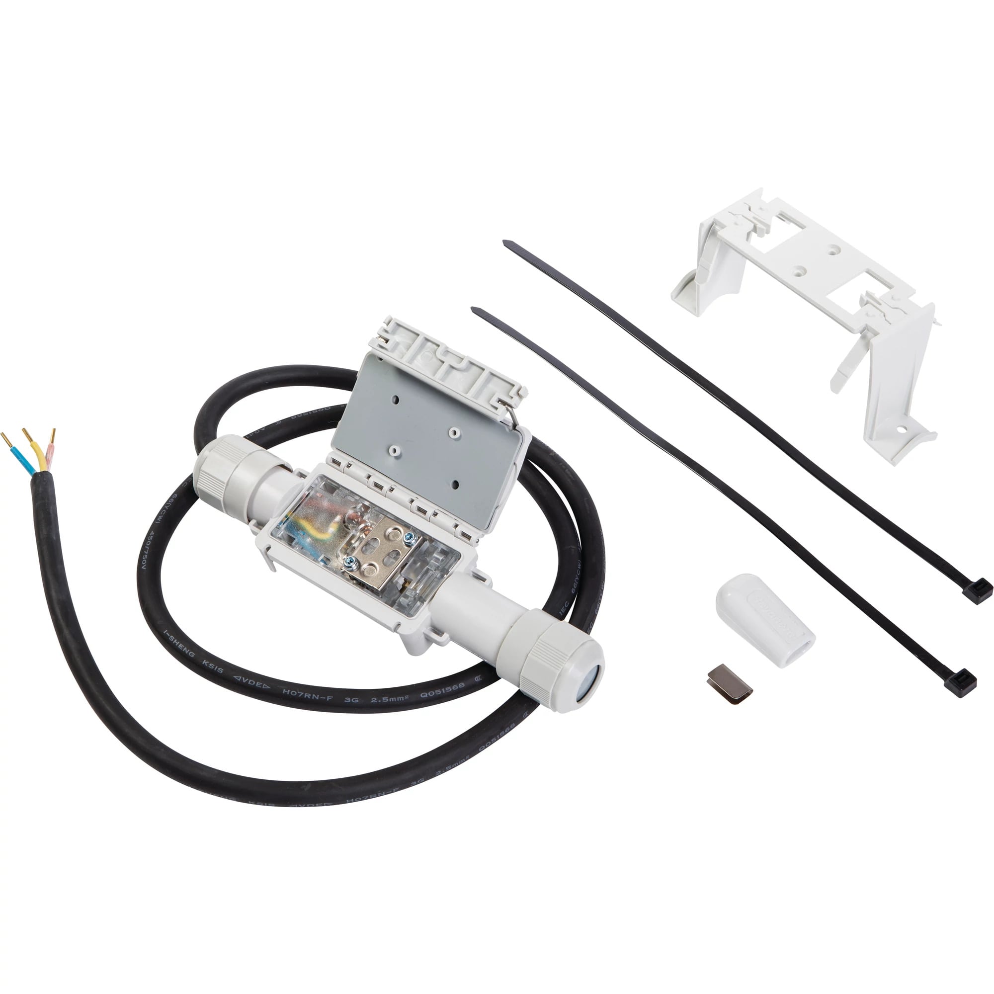 Mechanical power connection, 5' power lead wires, a conduit fitting, end seal