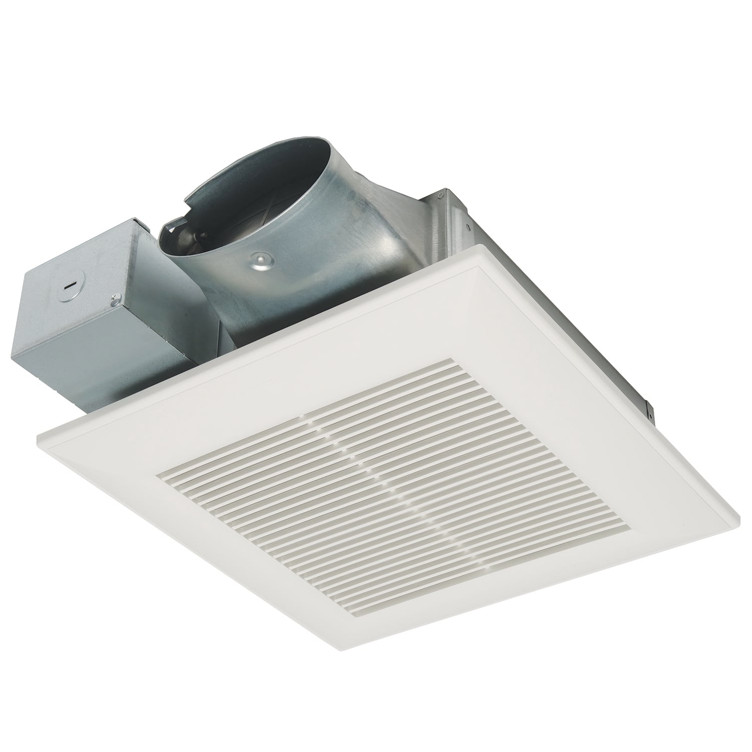 Fan with ECM motor and Pick-A-Flow 80 or 100 CFM, Built-in Multi-Speed, ceiling or wall mount, 3-3/8" housing depth.  