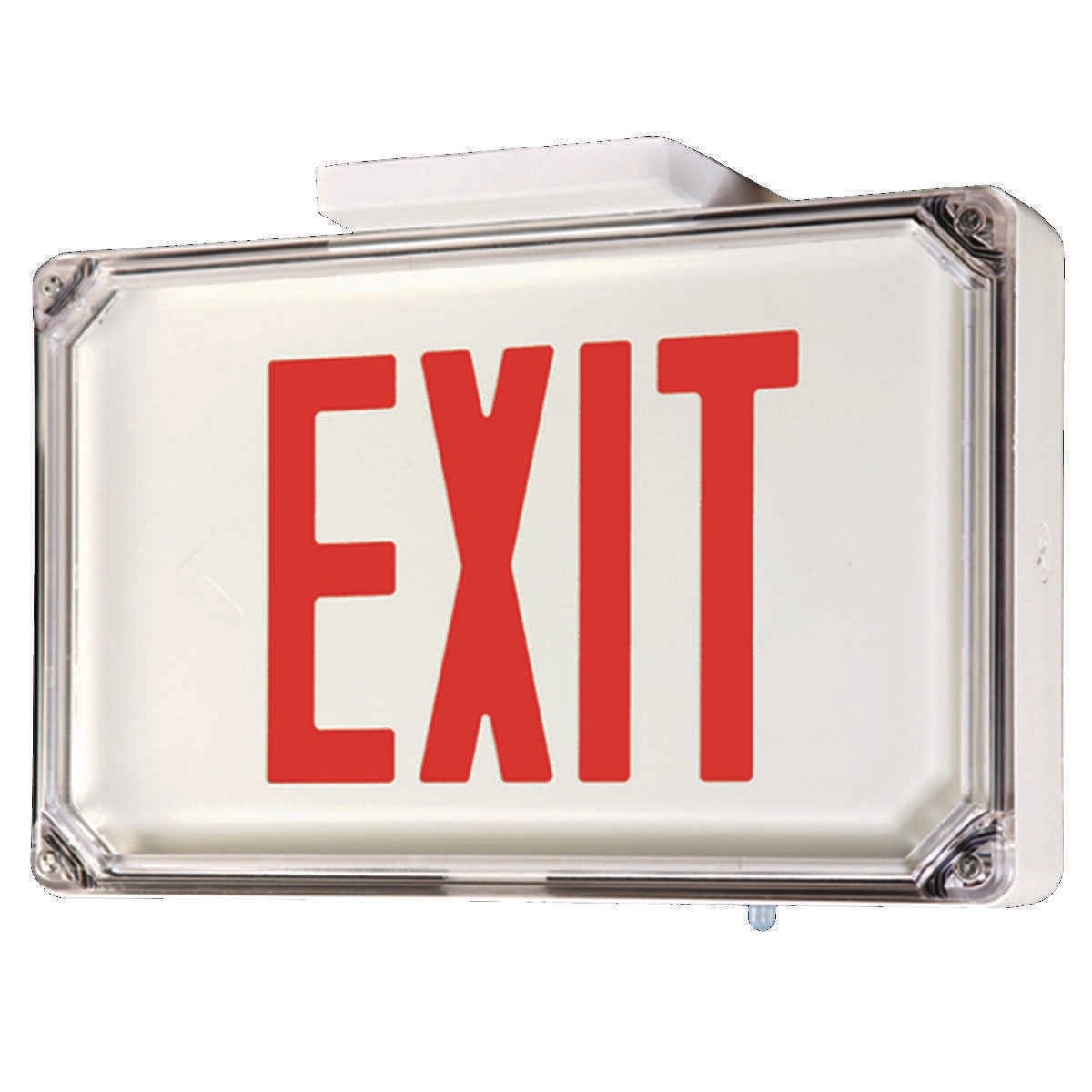 NEMA 4X Die-Cast Exit Sign, Single Face, Wording On Sign: EXIT, Letter Color: Red, Finish Type: White, Material - Housing: Die-Cast Aluminum, LED, Operation: Emergency, 120/277 VAC, Wattage: 3.1 W, nickel-cadmium (NiCAD), Self-Diagnostics: Spectron? Self Diagnostics, UL 924.