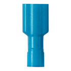 The vibration resistant DiscoGrip? female disconnect is made of brass and is tin-plated. It is fully insulated in blue premium nylon housing. It has a tab size of 0.205/0.187 x 0.032" (5.2/4.8 x 0.8 mm) and supports a wire range of 16-14 AWG (1.5-2.5 mm?). It is 0.78" (19.8 mm) long and 0.31" (7.9 mm) wide. The disconnect has a funnel entry barrel configuration and a butted seam barrel. It comes in bottles of 100.