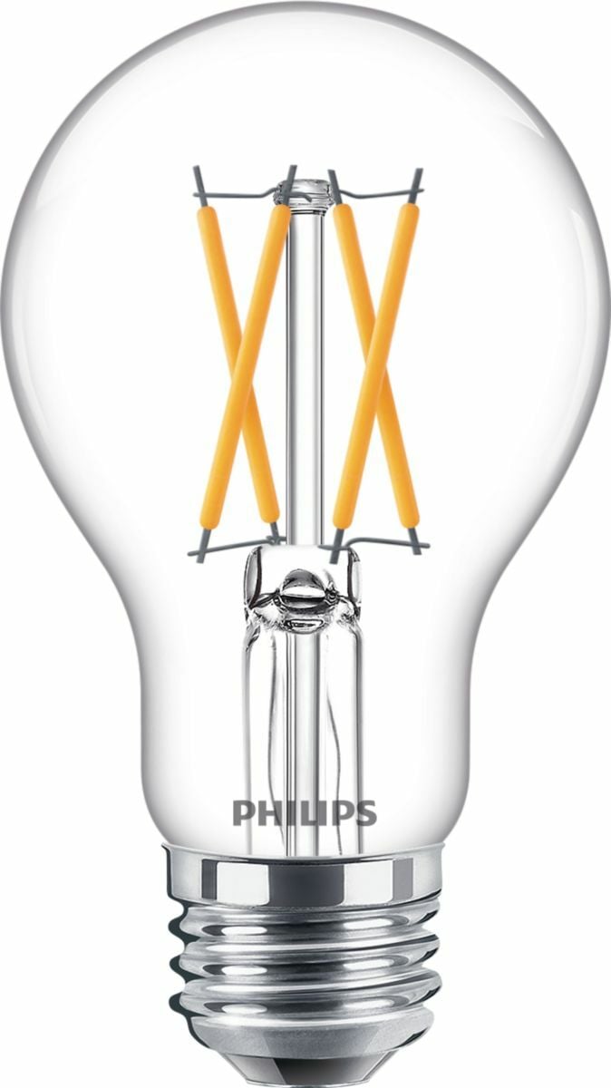 Lamp, Application: Education-Healthcare-Hospitality-Industry-Office, Voltage Rating: 120V, Wattage: 8W, Shape: E26, Base:  Single Contact Medium Screw, Color Temperature4100K, ColorWarm Glow, Color Rendering Index (CRI)90, Average Life15000HR, FinishClear, Lumens800LM, Frequency50 to 60Hz, Dimmable, CertificationsEU REACH restrictions compliant