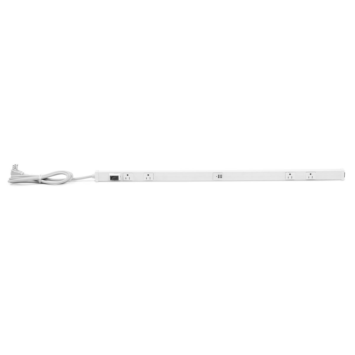 Raceway, Portable Non-Metallic PlugTrak, 3' Length, 15A 125V, 1) USB, 4) Tamper Resistant Duplex Openings, White