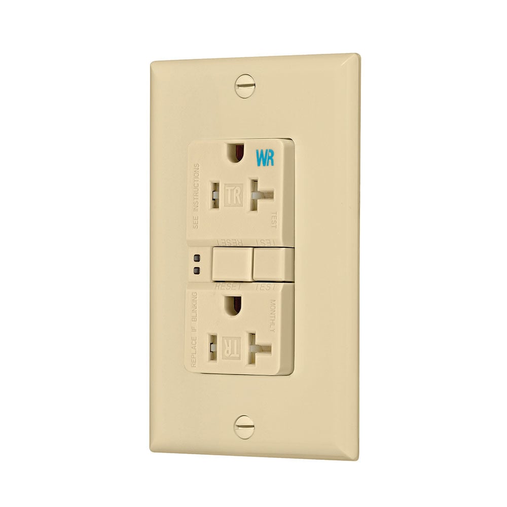 Eaton GFCI receptacle,NAFTA compliant,Weather resistant,Tamper resistant,Self-test,#14 - 10 AWG,20A,Residential,Commercial,Flush,125 V,Back and side wire,Ivory,Brass,Tamper and weather resistant,Polycarbonate,5-20R,2-pole,3-wire,grounding