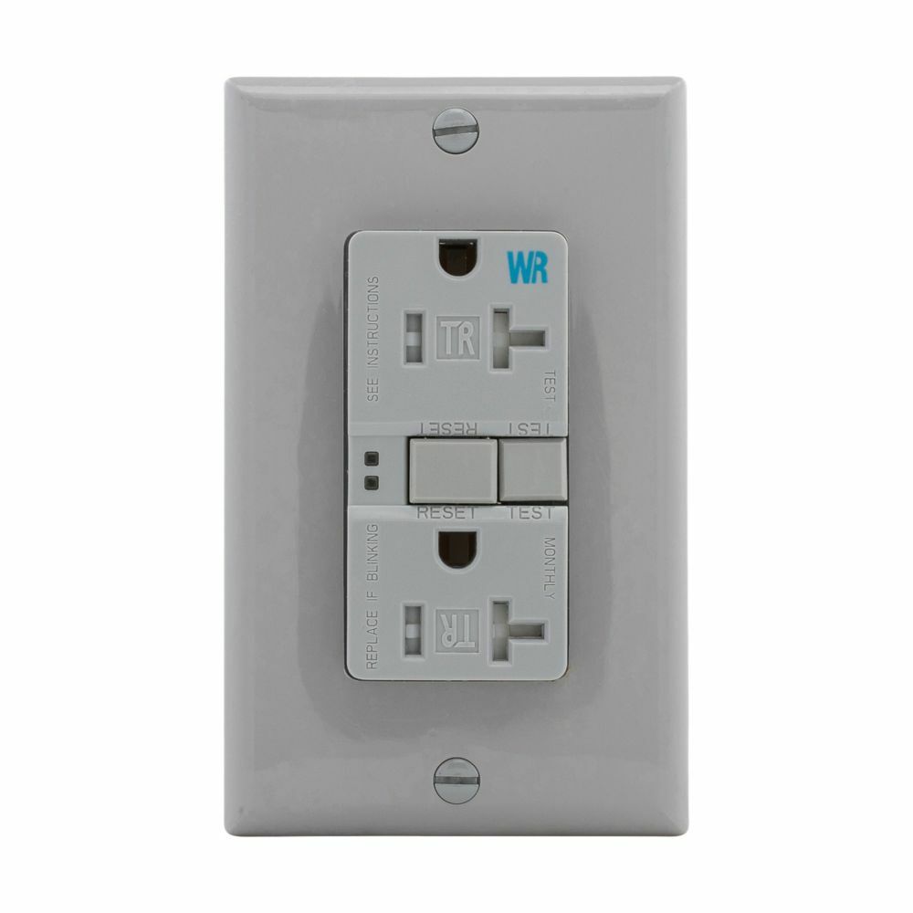 Eaton GFCI receptacle,NAFTA compliant,Weather resistant,Tamper resistant,Self-test,#14 - 10 AWG,20A,Residential,Commercial,Flush,125 V,Back and side wire,Gray,Brass,Tamper and weather resistant,Polycarbonate,5-20R,2-pole,3-wire,grounding