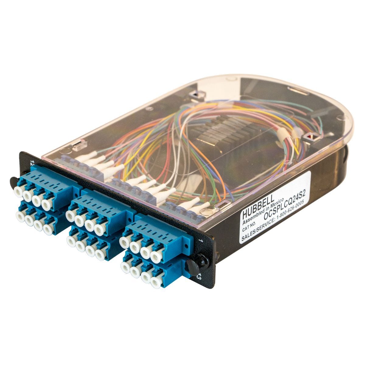 Fiber Splice Cassette with Adapter Panel and Pigtails Included, 24 Fibers, Blue LC Quad Adapters with Zirconia Ceramic Sleeves, OS2 SM Fiber.