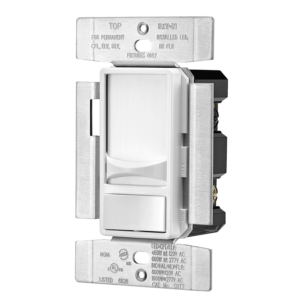 Eaton universal dimmer, No neutral required, 120/277 Vac, White, 60 Hz, Dimmable LED/CFL, incandescent, fluorescent, halogen, electronic low voltage and magnetic low voltage, Single-pole, Three-way, Polycarbonate 748622