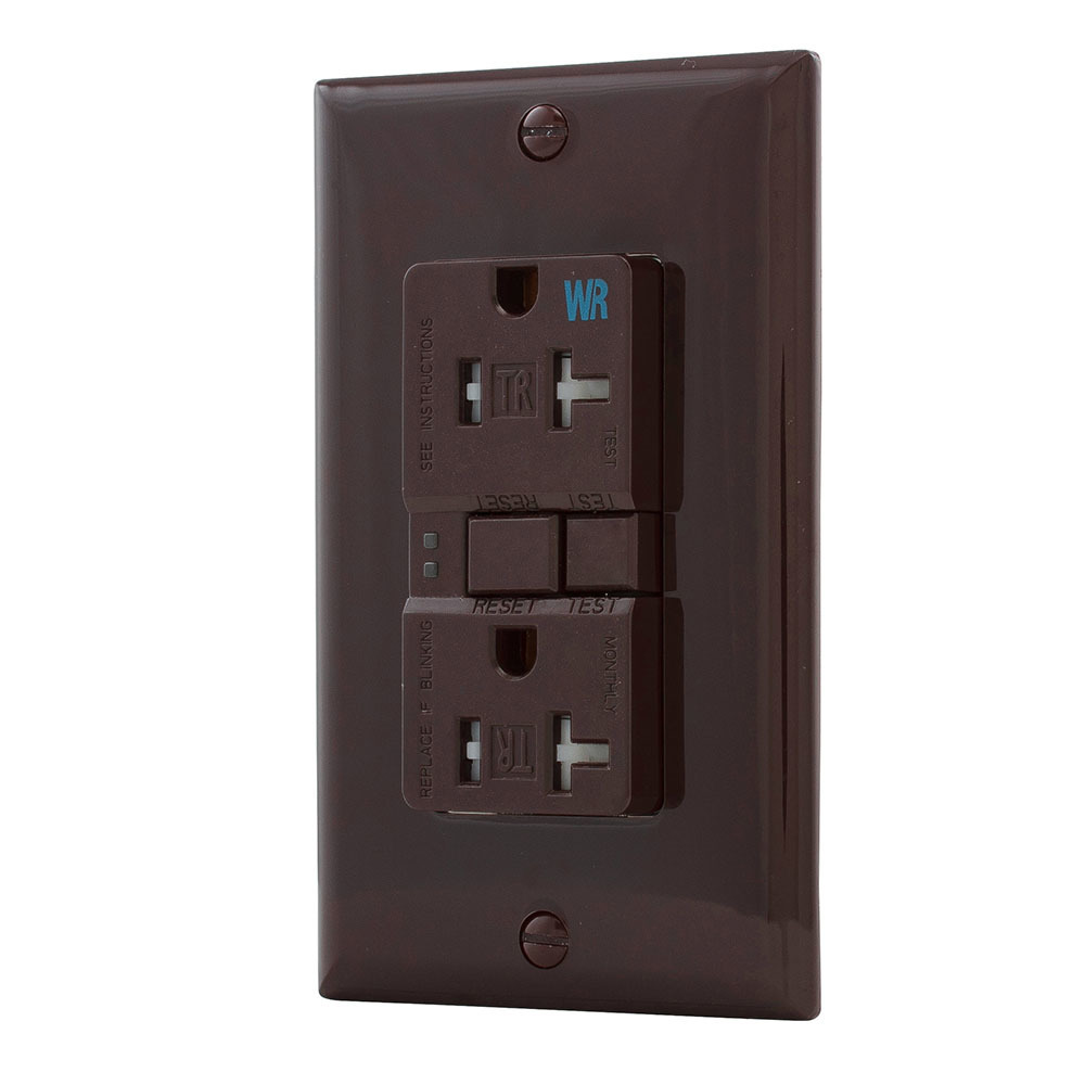 Eaton GFCI receptacle,NAFTA compliant,Weather resistant,Tamper resistant,Self-test,#14 - 10 AWG,20A,Residential,Commercial,Flush,125 V,Back and side wire,Brown,Brass,Tamper and weather resistant,Polycarbonate,5-20R,2-pole,3-wire,grounding