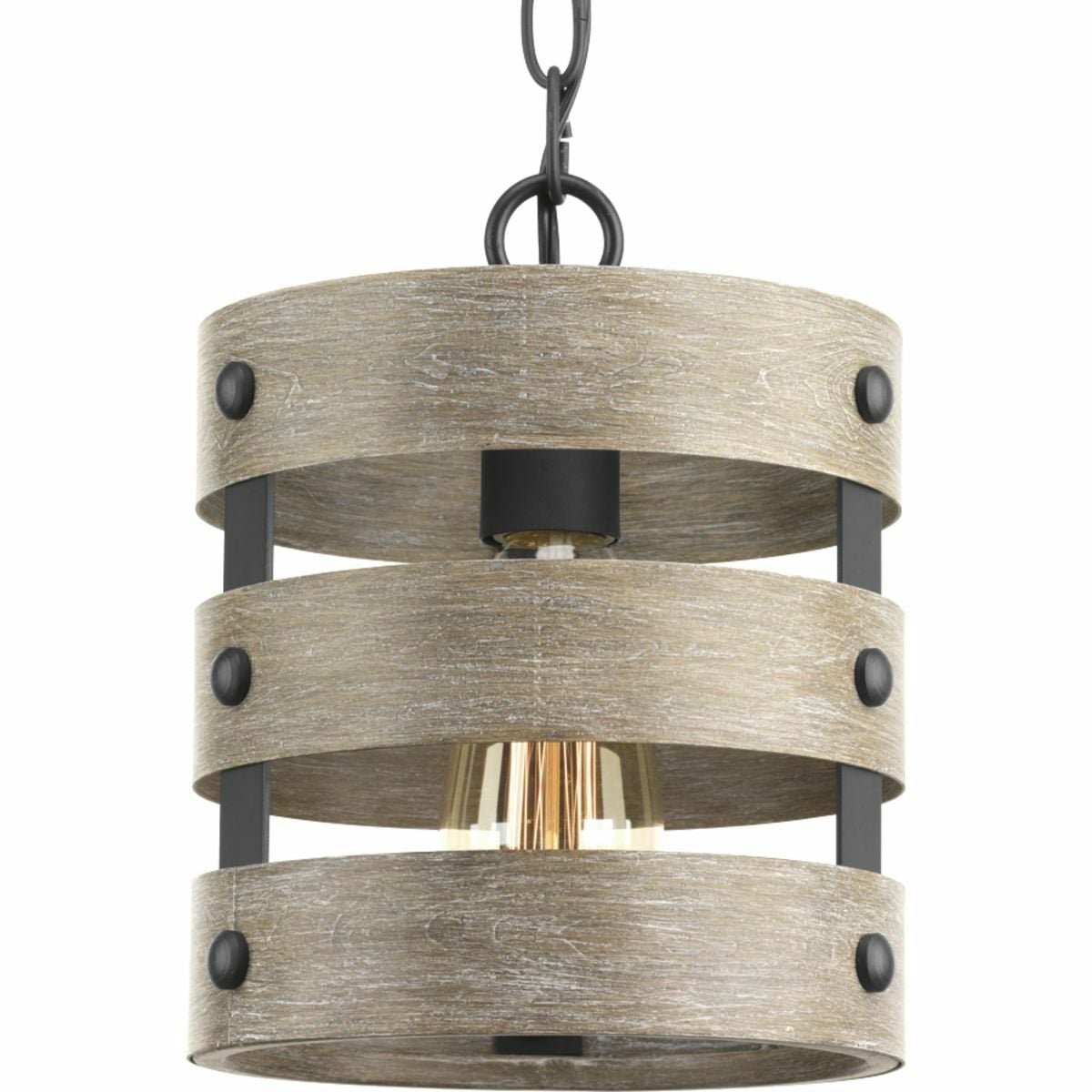 Three circular bands wrap together to create an open design in Gulliver. Hand painted to emulate weathered driftwood, the one-light mini-pendant's Graphite frame is accented by smooth knobs and encases exposed bulbs. The wood grained texture complements rustic farmhouse home decor.