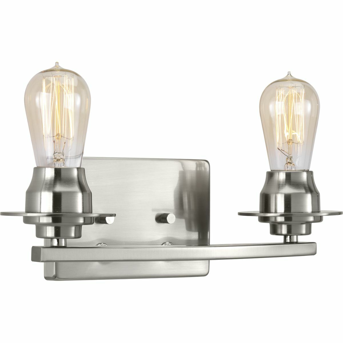A new category of vintage modern fixtures takes center stage with this two-light bath & vanity fixture from one of our Design Series collections. Delicate details in a Brushed Nickel finish, create statement making focal pieces for a variety of interiors. Debut provides a fitting stage to feature nostalgic, vintage lamps. Glass accessory shades available in clear or frosted seeded finishes.