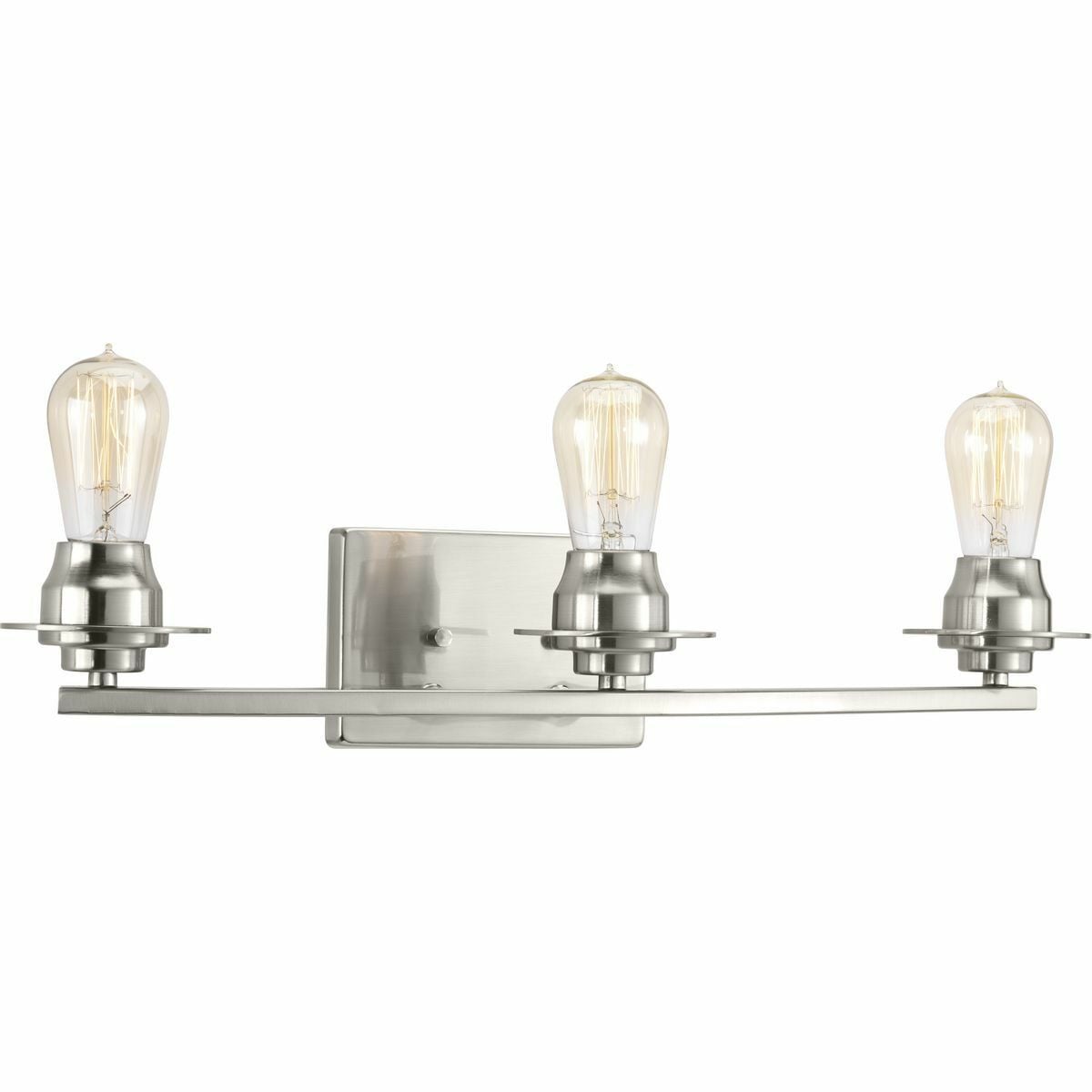 A new category of vintage modern fixtures takes center stage with this three-light bath & vanity fixture from one of our Design Series collections. Delicate details in a Brushed Nickel finish, create statement making focal pieces for a variety of interiors. Debut provides a fitting stage to feature nostalgic, vintage lamps. Glass accessory shades available in clear or frosted seeded finishes.