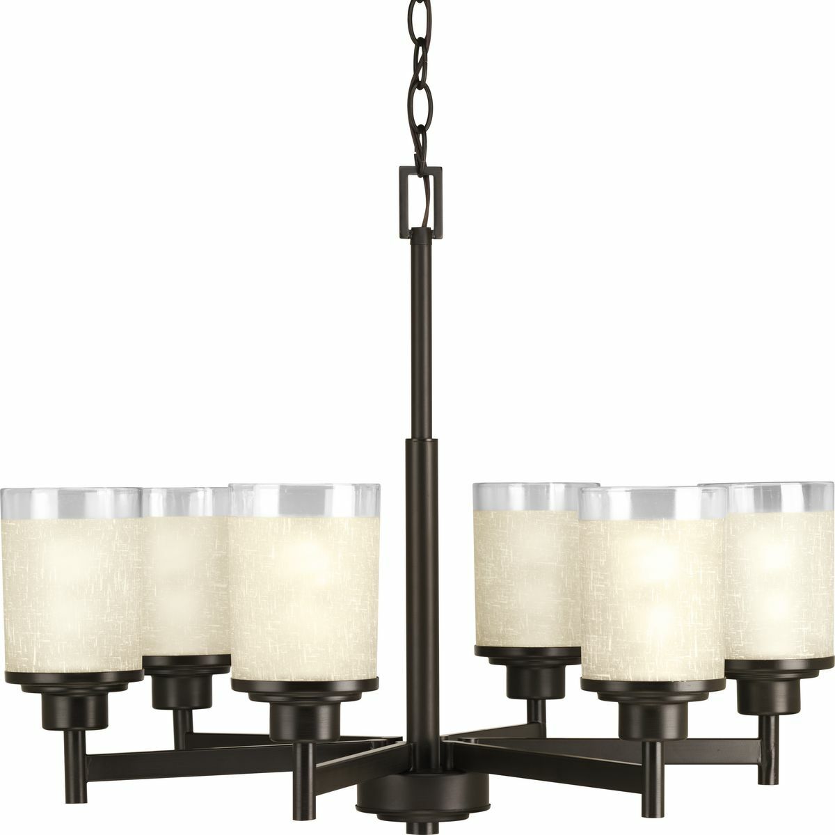 Six-light linear chandelier features a pleasingly simple Antique Bronze frame while visually interesting textured etched umber linen glass are complemented by a crisp clear edge accent. Create the sophisticated feel of modern, urban living in your home ? no matter where you live.