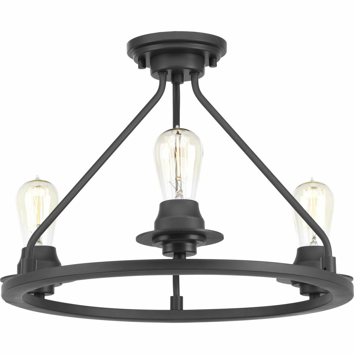 A new category of vintage modern fixtures takes center stage with this semi-flush, convertible fixture from one of our Design Series collections. Delicate details in a Graphite finish, create statement making focal pieces for a variety of interiors. Debut provides a fitting stage to feature nostalgic, vintage lamps. Glass accessory shades available in clear or frosted seeded finishes.