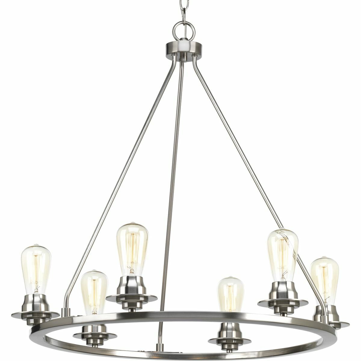 A new category of vintage modern fixtures takes center stage with this six-light chandelier from one of our Design Series collections. Delicate details in a Brushed Nickel finish, create statement making focal pieces for a variety of interiors. Debut provides a fitting stage to feature nostalgic, vintage lamps. Glass accessory shades available in clear or frosted seeded finishes.