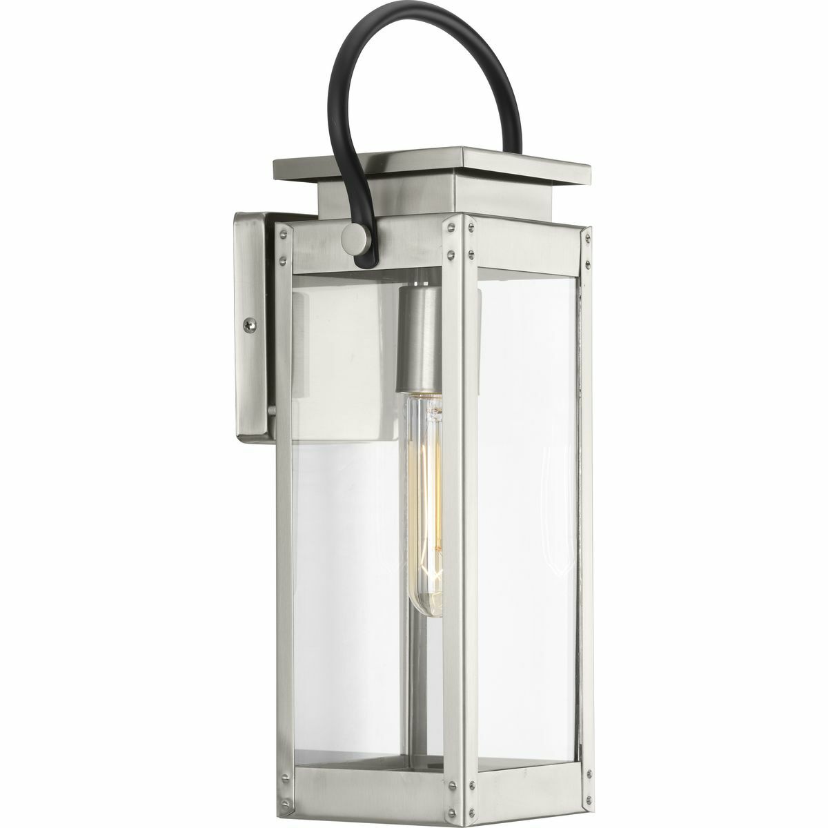 Union Square features a reproduction gas lantern inspiration. The small wall lantern features a Stainless Steel finish which complements the natural polished material and clear flat glass panels. Mechanical details - such as exaggerated knobs - provide character to the form. Open bottom design allows easy access to replace lamp.
